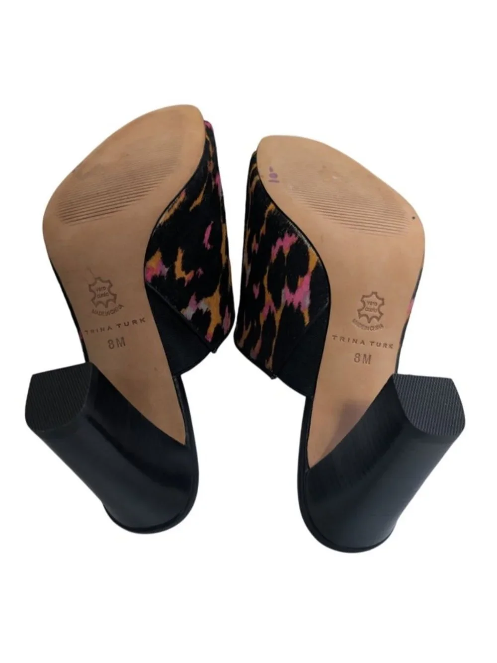 Trina Turk Leopard Luxe Calf Hair Block Heel Mule Sandals Neon Pink Orange Sz 8 - Picture 2 of 8